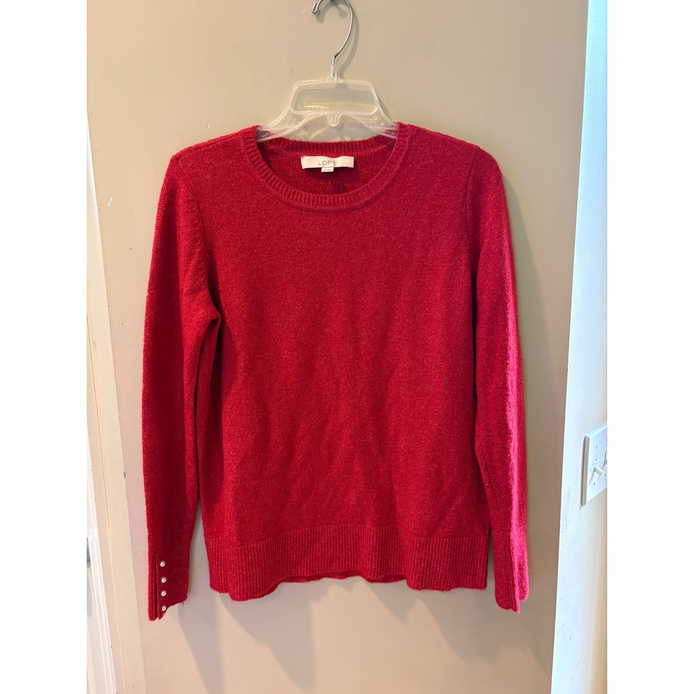 Women Loft Red Metallic Knit Pearl Cuff Crew Neck Sweater size Medium